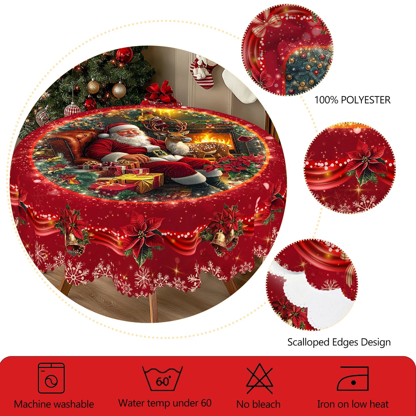 1 Piece of Red Merry Christmas Themed Printed Tablecloth, Retro Country Farmhouse Style, Santa Claus, Christmas Flower Pattern Design for Christmas, New Year Party, Party Decoration, Kitchen Accessories, Room and Outdoor Deco