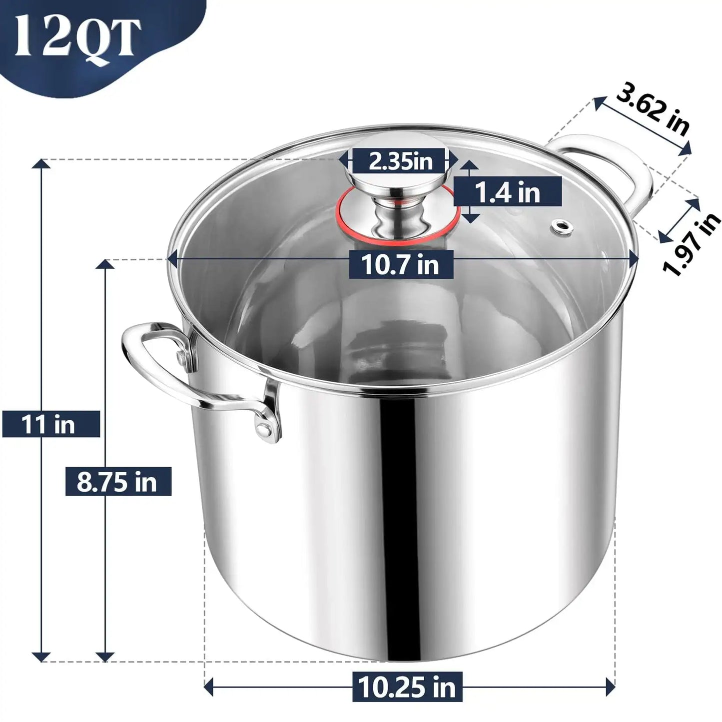 12QT Stainless Steel Stock Pot with Glass Lid, 18/10 Food-Grade Material, 3-Ply Bottom, Induction Compatible, Dishwasher Safe