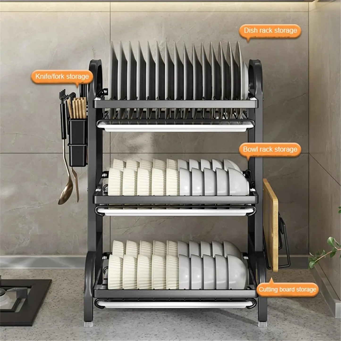 Dish Rack, Three-Tier Space-Saving Kitchen Countertop Utensil Holder, Large Capacity Dish Drainer, Suitable for Tableware