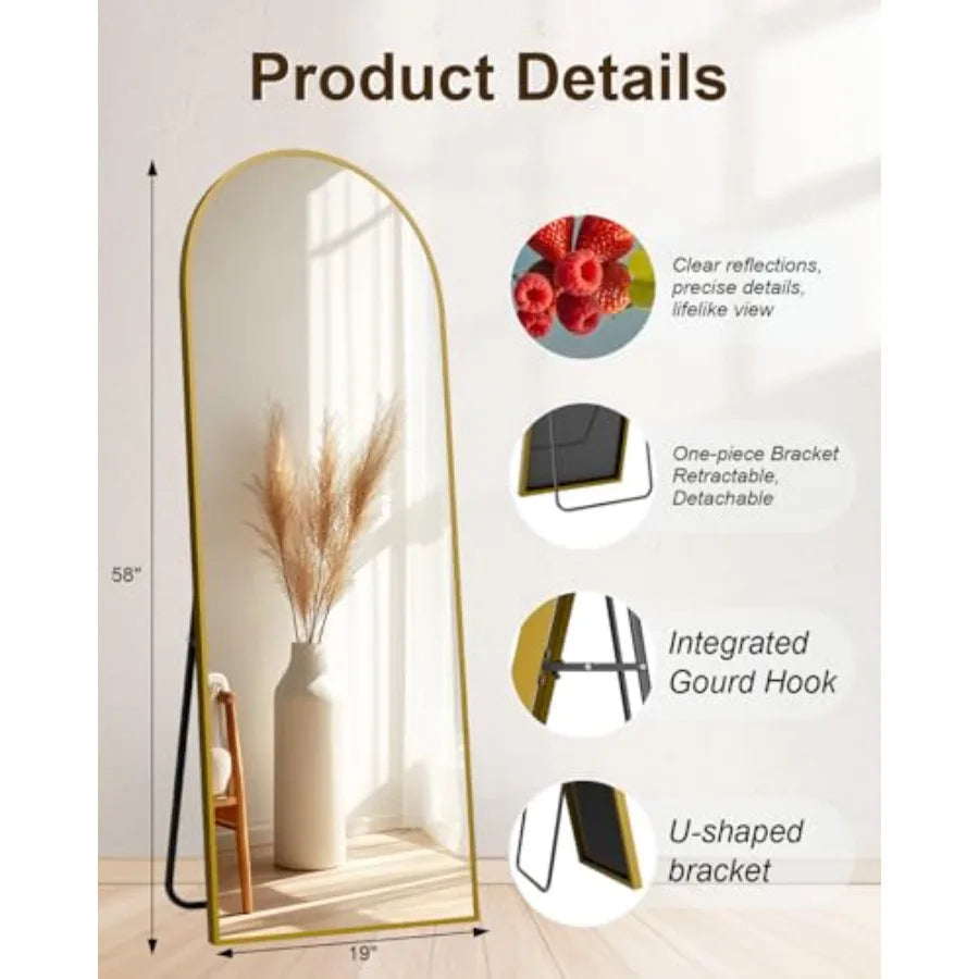 58x19 Floor Mirror Full Length Arched Full Length Mirror with Stand for Bedroom Living Room or Cloakroom Elegant Gold Finish Fu