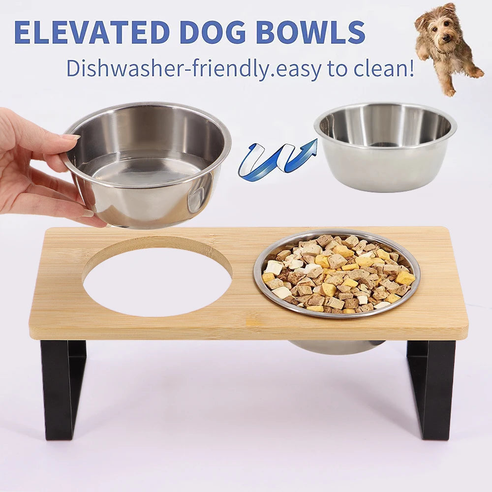 Elevated Cat Bowls 15° Tilted Raised Cat Food Bowls with Wooden Stand Anti Vomiting 2 Stainless Steel Bowls for Cats and Puppy