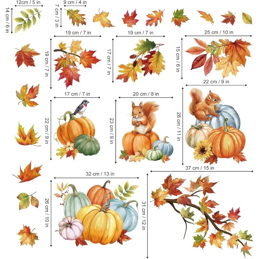 Fall Pumpkin Leaves Window Clings Thanksgiving Autumn Harvest Maple Leaves Glass Sticker Decal Anti Collision DoubleSide Static