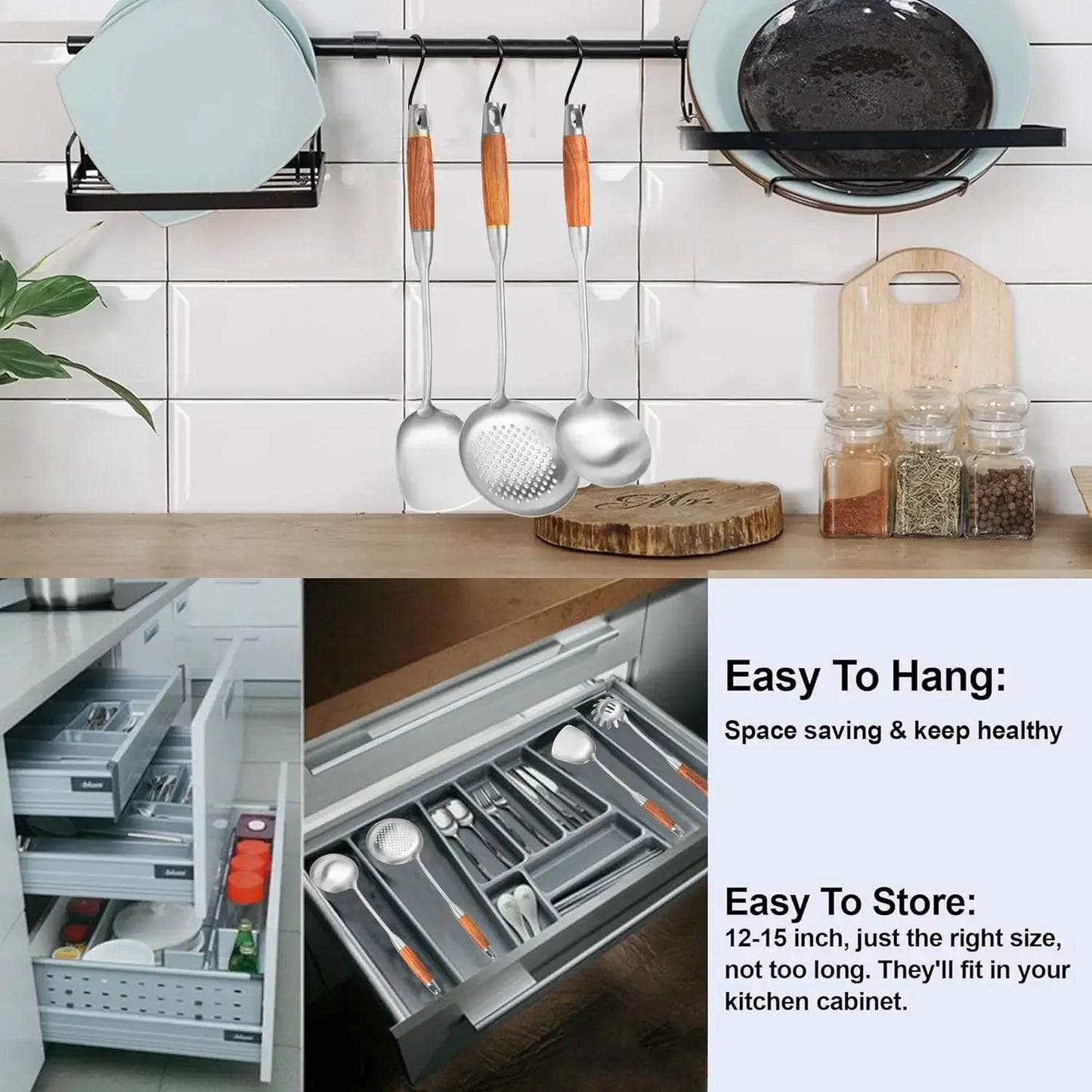 304 Stainless Steel Kitchen Utensils Set with Wooden Handle for Cooking 9 PCS with Solid Spoon, Slotted Spoon, Fork, Spatula