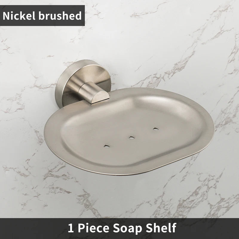 Brushed Nickel Bathroom Accessories Towel Bar Hooks Towel Rack Shelving Roll Paper Holder Toilet Brush Soap Dish Glass Shelf