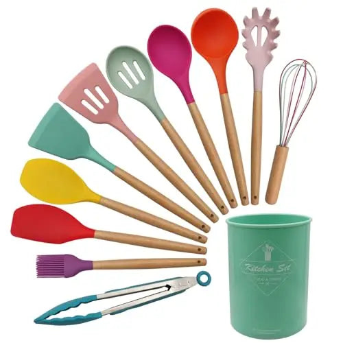 Cooking Utensils Set of 12 Silicone Kitchen Utensils With Solid Wood Handles and a Holder Bucket