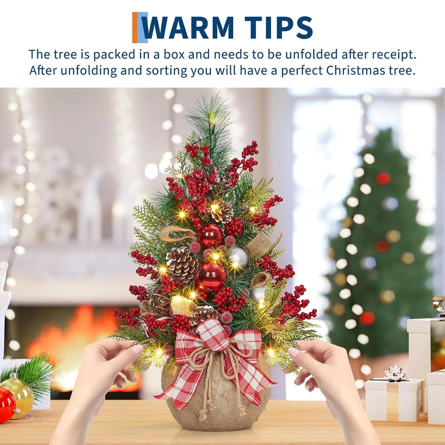 24 Inch Mini Christmas Tree with Lights Pre-Lit Artificial Table Tree with Bow & Balls Red Berries Pine Cones DIY Home Decor