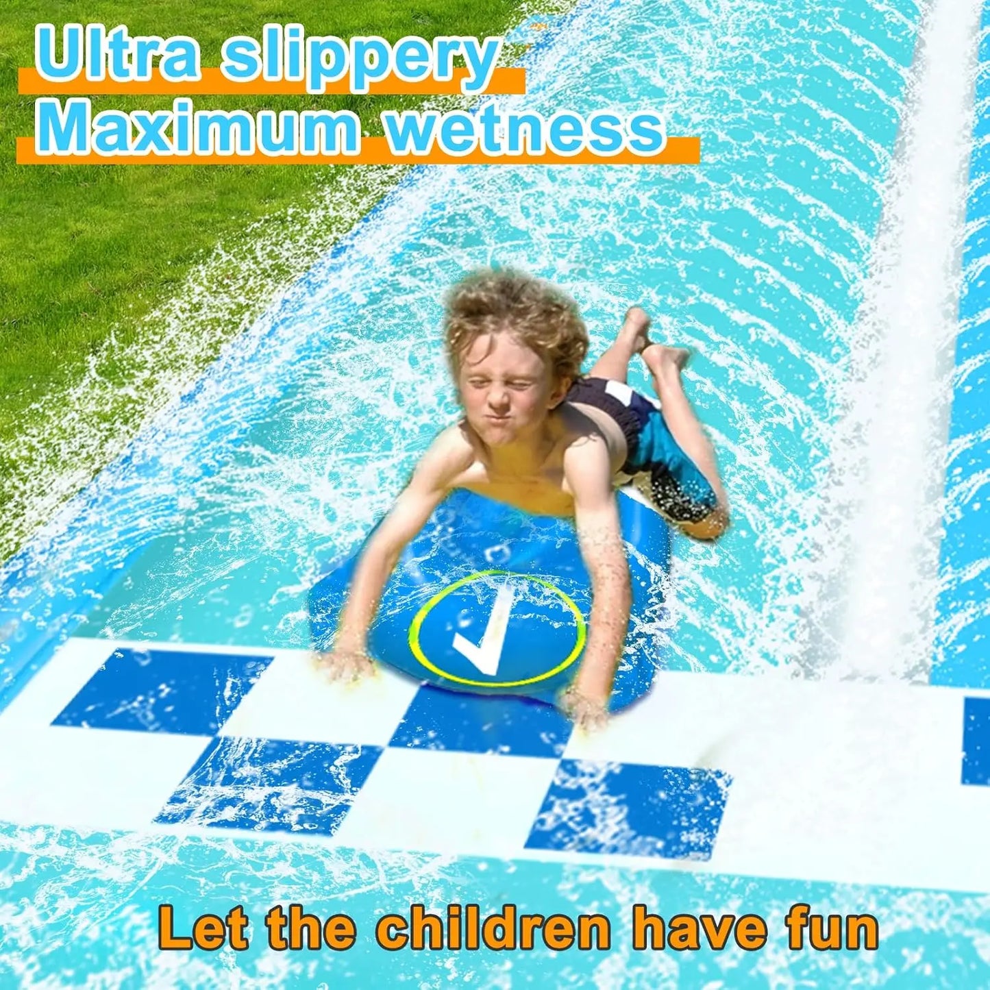 33.3FT Extra Long Water Slide for Kids, Race Car Double Lane Lawn Water Slip Splash and Slides with 2 Bodyboards, Safety Fence,