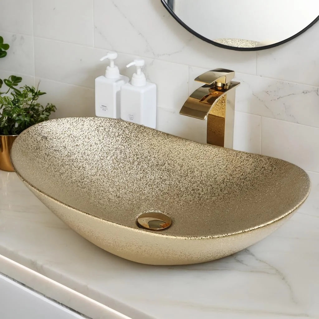 KEMAIDI Big Gold Bathroom Vessel Sink Combos Faucet And Drain Set 24x14 Inch Oval Ceramic Basin Bowl Above Counter Bowl Sinks