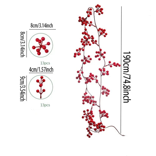 68/74 Inches Artificial Red Berry Garland Vine 2024 Christmas Decoration Holly Fruit Hanging Rattan New Year Decoration