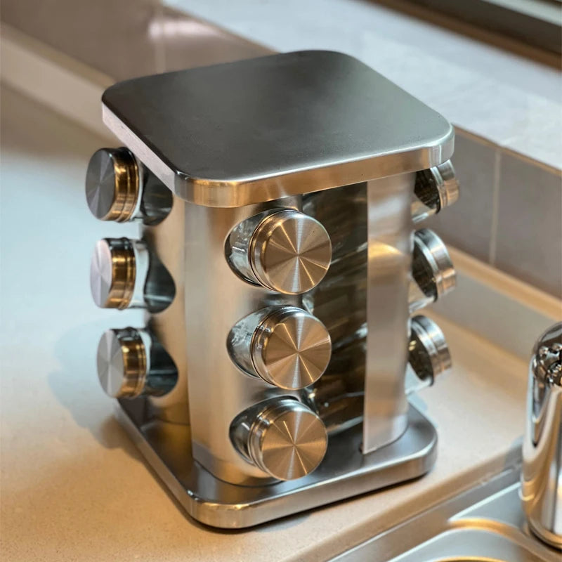 Rotating seasoning container for kitchen countertop, high-end household stainless steel salt container,combined storage rack set
