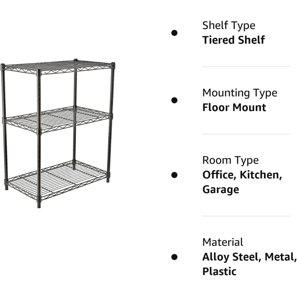 amazon basics 3-shelf adjustable heavy duty steel wire rack storage shelving organizer for kitchen, garage, 23.2" l x 13.4" w x