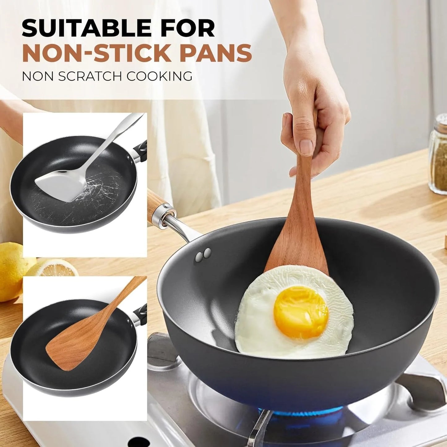 Wooden Kitchen Utensils Set, Smooth Finished Wooden Spoons for Cooking, Natural Teak Cooking Utensils Set for Nonstick Pans