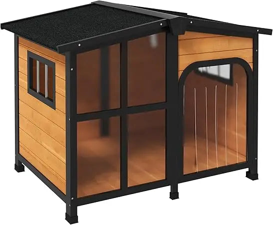 Outside Cabin-Style Wooden Dog House for Large Dogs with Openable Roof & Giant Window, Outdoor & Indoor Big Dog House, Asphalt