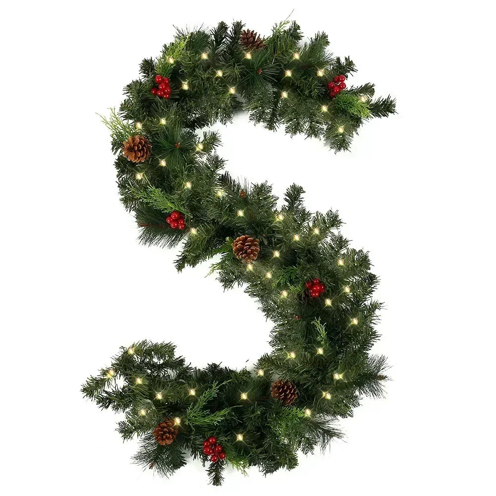 Christmas Rattan Garland Wreath, Artificial LED Decoration with Pinecones Red Berries for Xmas Tree Banner, New Year Home Decor