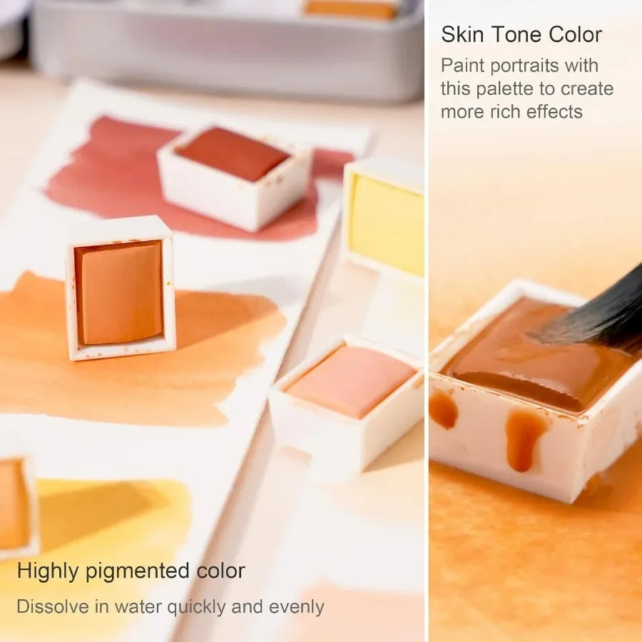 Skin Tone Watercolor Paint Set with 12 Artist Grade Flesh Colors in Half Pans Palette for Portrait Painting and Travel Use Idea