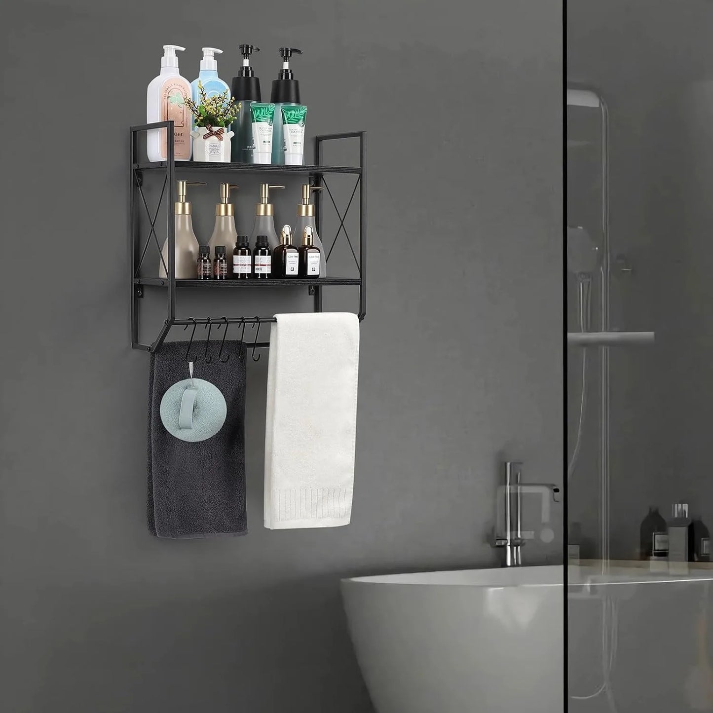Space Saving 2-Tier Towel Rack Over Toilet, Industrial Wall Shelf w/ Bar & Hooks, Bathroom Storage Organizer Modern Black