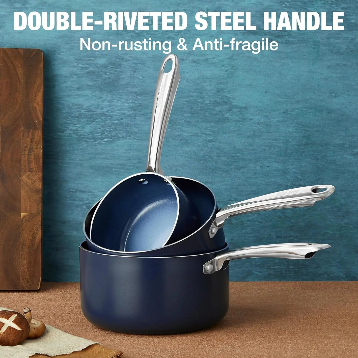 HLAFRG 1+2+3QT Nonstick Saucepan Set with Lids, Small Pot Set, Ceramic Coating, Easy to Clean, Stainless Steel Handle, Blue
