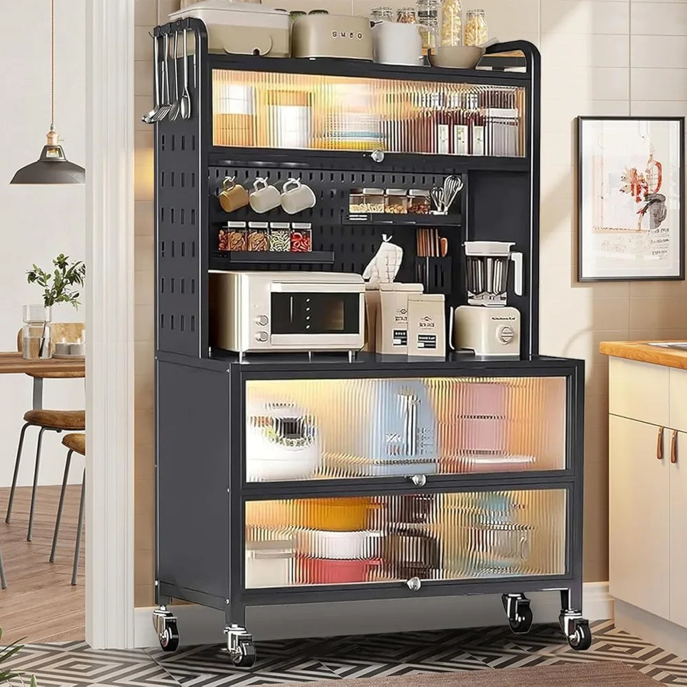 63 Inch Bakers Rack with Acrylic Door and Storage, Farmhouse Coffee Bar Cabinet, Microwave Stand Kitchen Cabinet with 8 S-Shaped