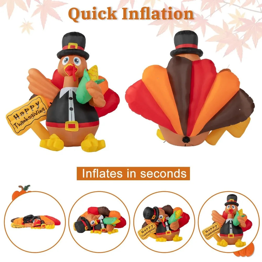 Thanksgiving Turkey 5 FT Inflatable Decorations with 7 LED Lights for Outdoor