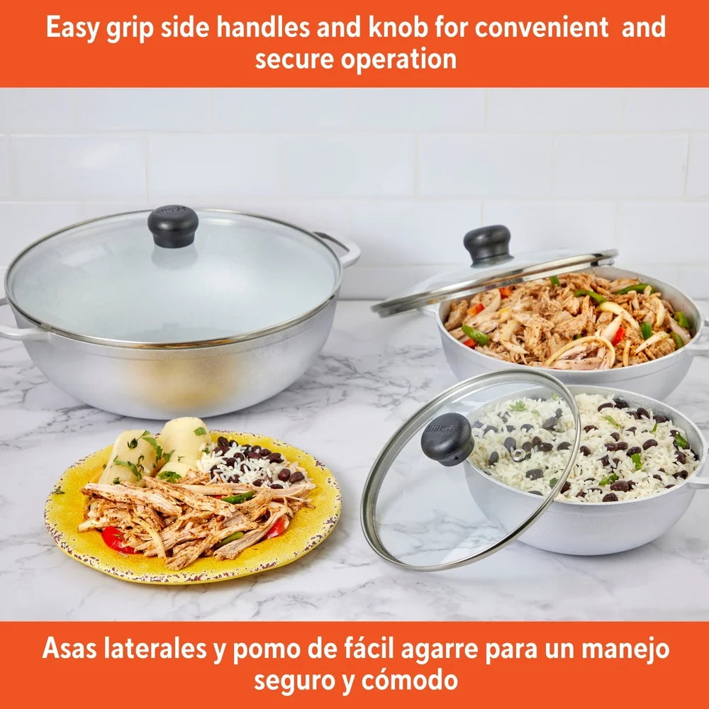 3pc Cast Aluminum Caldero Set with Glass Lid 1.5 2.5 5.2qt Oven Safe Cooking Essential Rice Soups Stews and Sauces