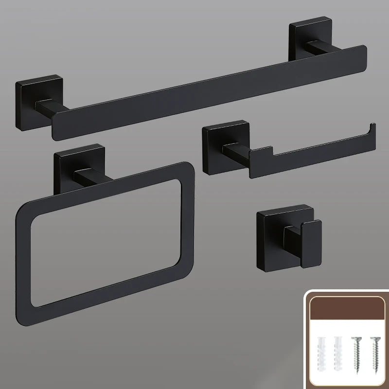 Matte Black Bathroom Accessories Set Wall Mount Towel Bar Towel Ring Roll Paper Holder Robe Hook Stainless Steel Hardware Set