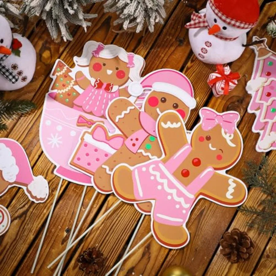 10 Pcs Pink Christmas Gingerbread Man Yard Signs with Stakes Light Up Outdoor Holiday Decorations for Lawn Garden Pathway House