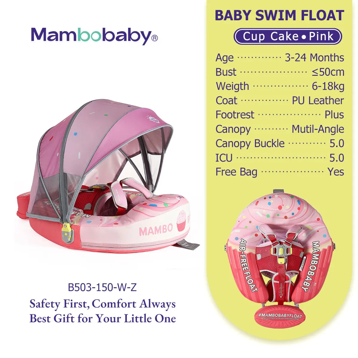 Mambobaby Float No-Slip Safe Harness ST-Cup Cake B503-150-W-Z Safe Core No Inflation No Leaks Baby Swim Ring Toddler Pool Float