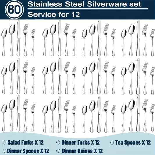 60/20 Pcs, stainless steel silverware set, kitchenware knives, forks and spoons, dishwasher safe, rust-proof and non-toxic