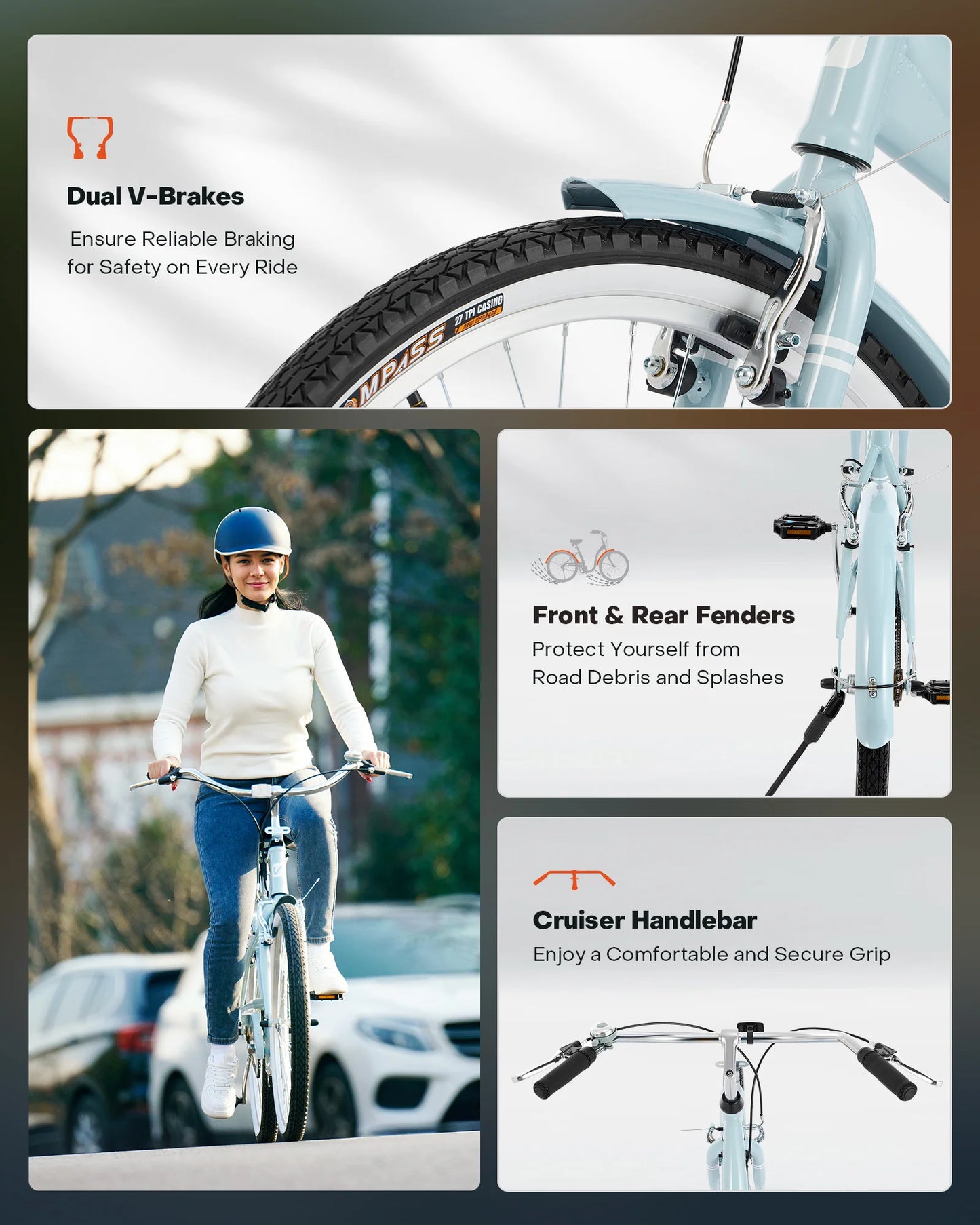 VIRIBUS Step Through Women Bicycle Adult Beach Cruiser Bike for Women Men 24" 26''