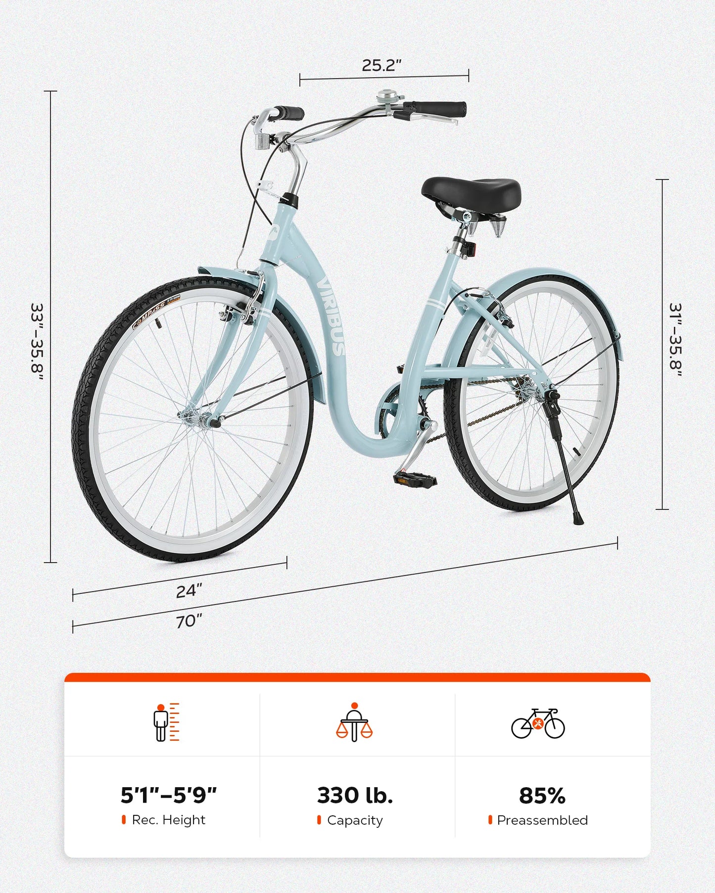 VIRIBUS Step Through Women Bicycle Adult Beach Cruiser Bike for Women Men 24" 26''