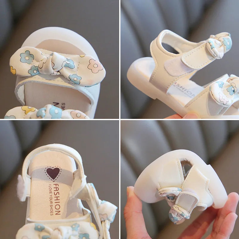 Baby Walking Shoes Non-slip Toes Capped Girls Beach Shoes with Flower 2025 Summer New Kids Sandals Double Bows Sweet Soft Sole