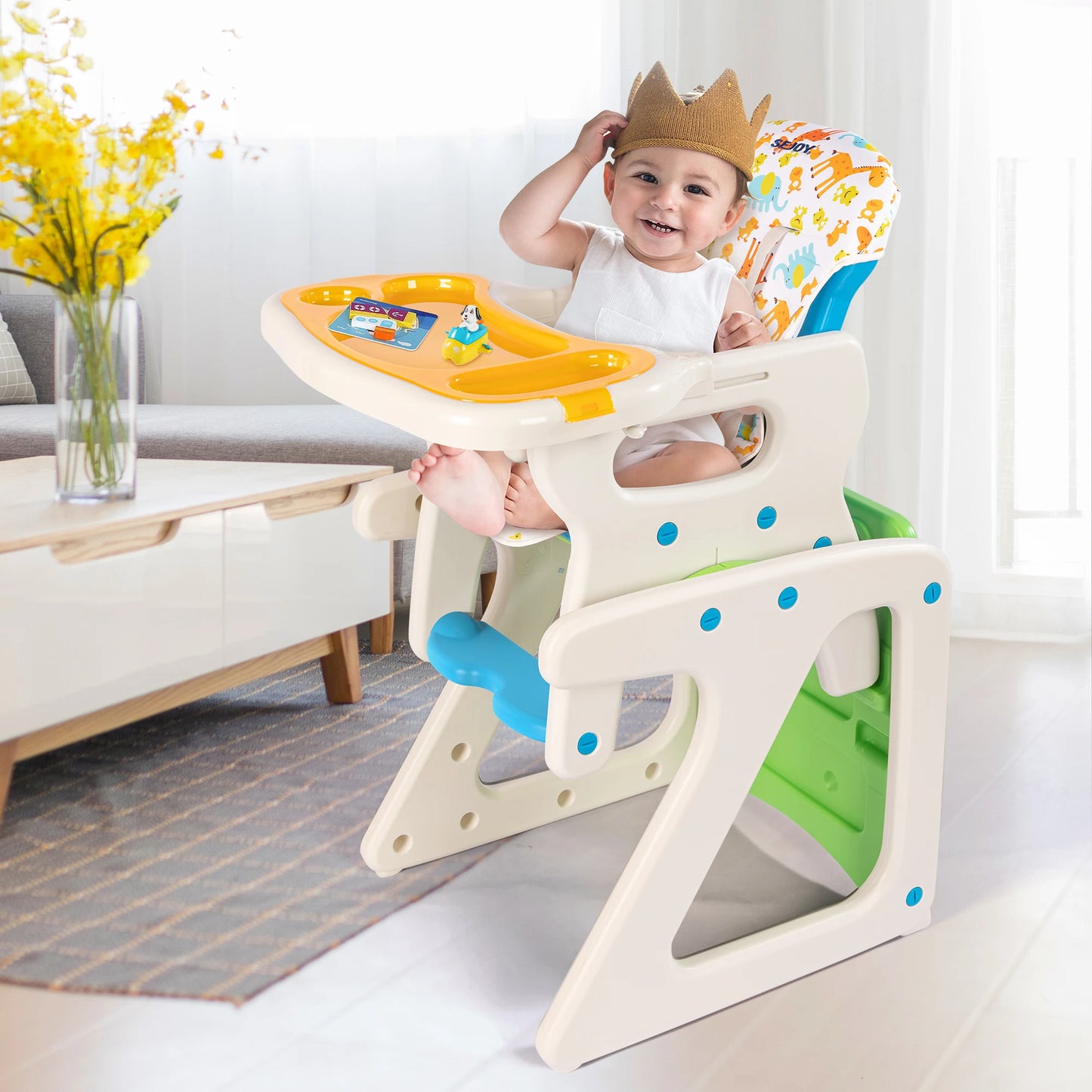 SEJOY 2-in-1 Baby High Chair Foldable with Table Footrest, Detachable Double Tray, Easy to Clean Feeding Detachable Highchair
