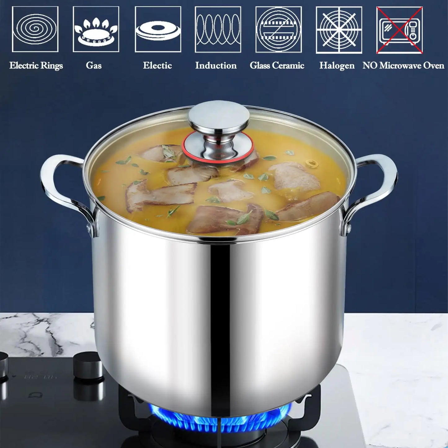 12QT Stainless Steel Stock Pot with Glass Lid, 18/10 Food-Grade Material, 3-Ply Bottom, Induction Compatible, Dishwasher Safe