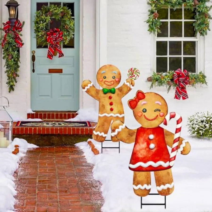 Outdoor Christmas Decorations 2pcs Large Gingerbread Man Boy Girl Metal Yard Stakes for Rustic Winter Lawn Garden Front Door Ho