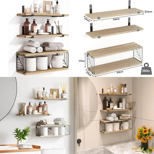 fixwal 3+1 tier bathroom floating shelves over toilet, 15.8in farmhouse rustic wood shelves, wall decor for bathroom, living roo