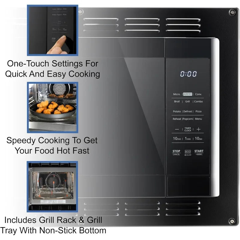RecPro RV Kitchen Air Fryer & Convection Microwave with Trim Kit | 1.0 Cu. Ft. | 120V | 6 Cooking Modes (Black)