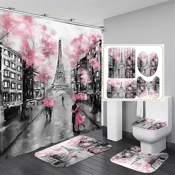 4pcs paris eiffel tower pink shower curtain sets bathroom set decor with non-slip rugs bath u-shaped mat toilet lid cover water