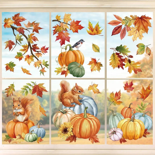 Fall Pumpkin Leaves Window Clings Thanksgiving Autumn Harvest Maple Leaves Glass Sticker Decal Anti Collision DoubleSide Static