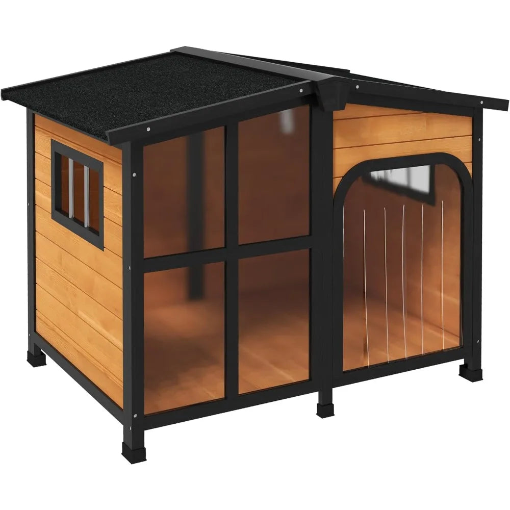 Outside Cabin-Style Wooden Dog House for Large Dogs with Openable Roof & Giant Window, Outdoor & Indoor Big Dog House, Asphalt