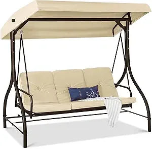 3-Seat Outdoor Large Converting Canopy Swing Glider, Patio Hammock Lounge Chair for Porch, Backyard w/Flatbed, Adjustable Shade