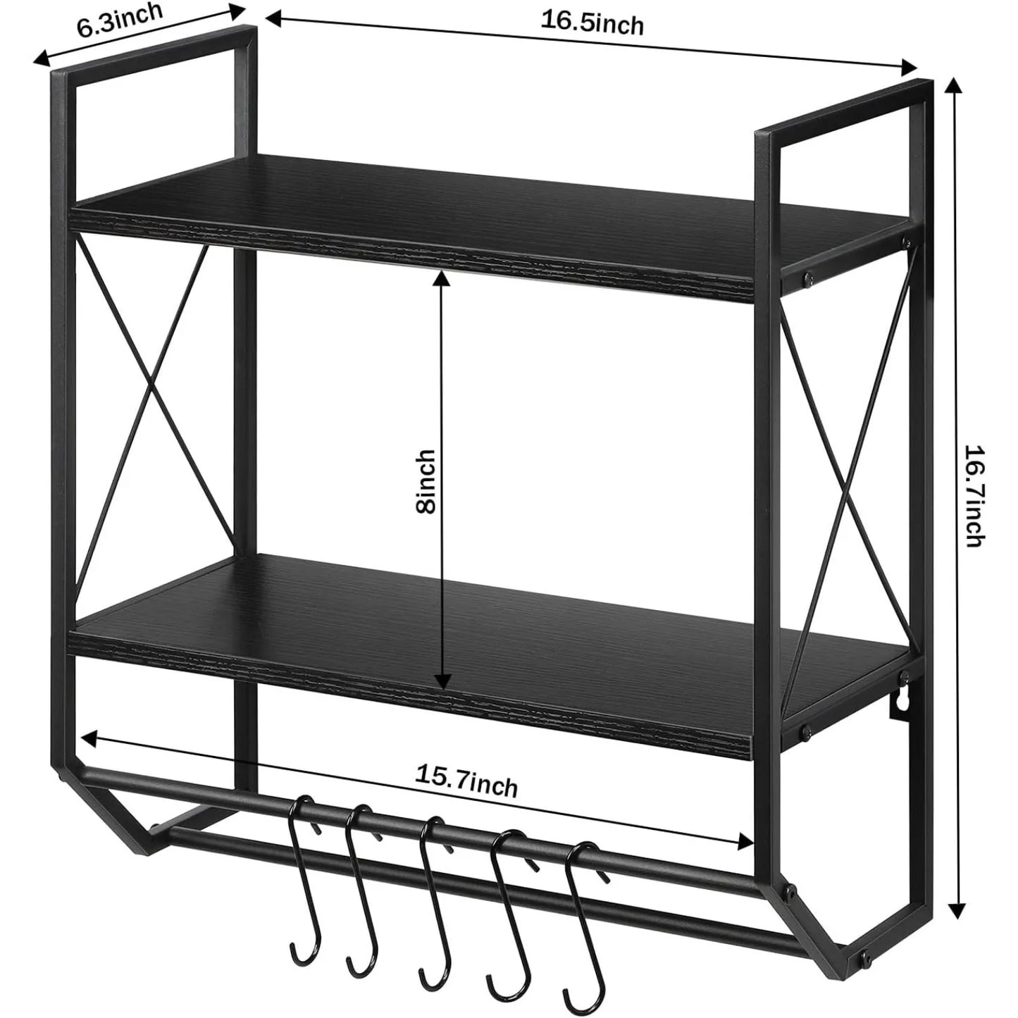 Space Saving 2-Tier Towel Rack Over Toilet, Industrial Wall Shelf w/ Bar & Hooks, Bathroom Storage Organizer Modern Black