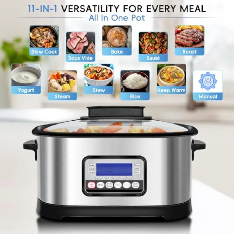 6.5 Quart Multi Cooker 11in1 Programmable Slow Cooker with Bake Saute Roast and Sous Vide Functions for Home Kitchen Use 1500W