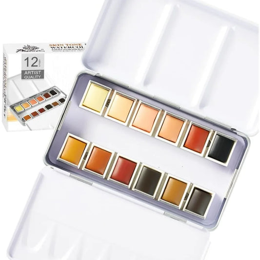 Skin Tone Watercolor Paint Set with 12 Artist Grade Flesh Colors in Half Pans Palette for Portrait Painting and Travel Use Idea
