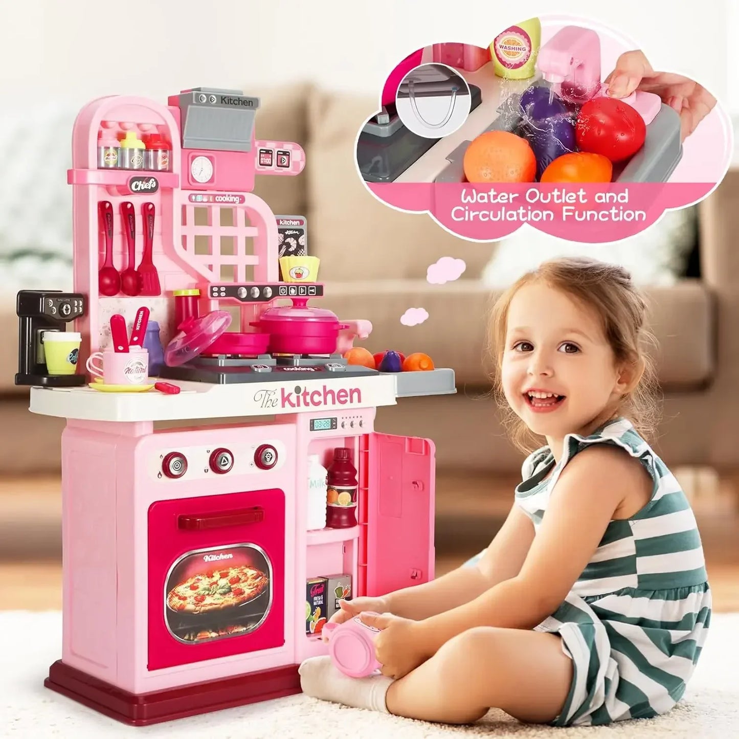 Kids Kitchen Playset ，Kitchen Set for Toddlers 1-3 3-5, Cooking Stove, Play Sink and Kitchen Accessories, Toy Kitchen (Pink)