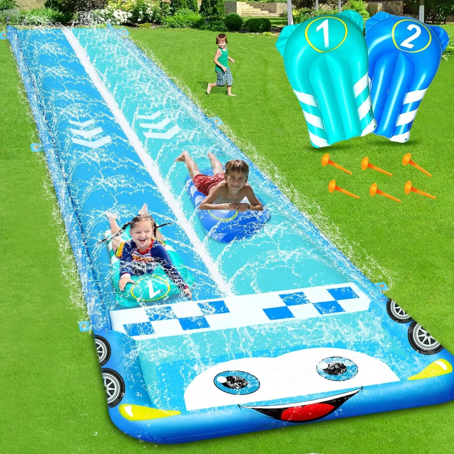 33.3FT Extra Long Water Slide for Kids, Race Car Double Lane Lawn Water Slip Splash and Slides with 2 Bodyboards, Safety Fence,