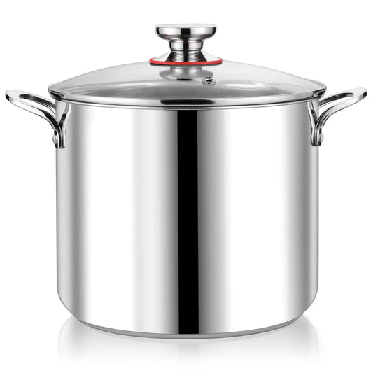 12QT Stainless Steel Stock Pot with Glass Lid, 18/10 Food-Grade Material, 3-Ply Bottom, Induction Compatible, Dishwasher Safe