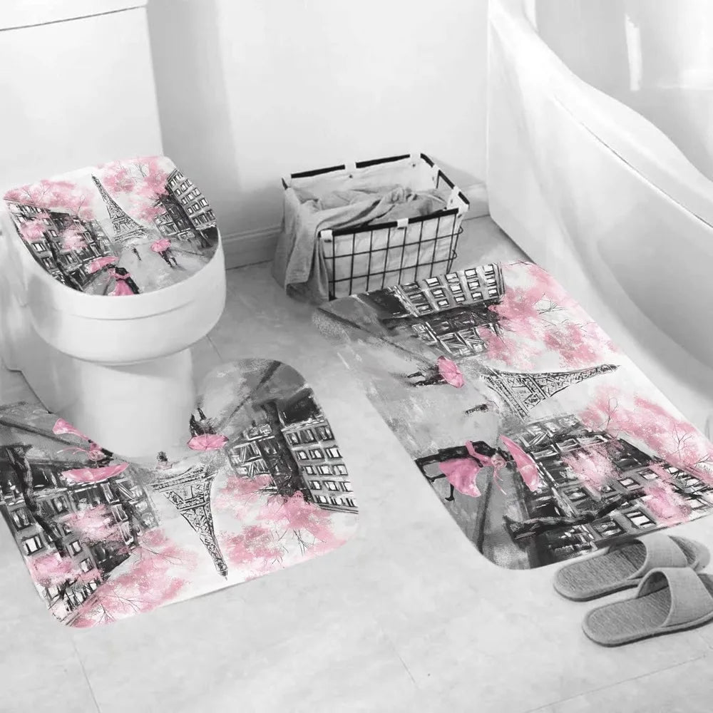 4pcs paris eiffel tower pink shower curtain sets bathroom set decor with non-slip rugs bath u-shaped mat toilet lid cover water