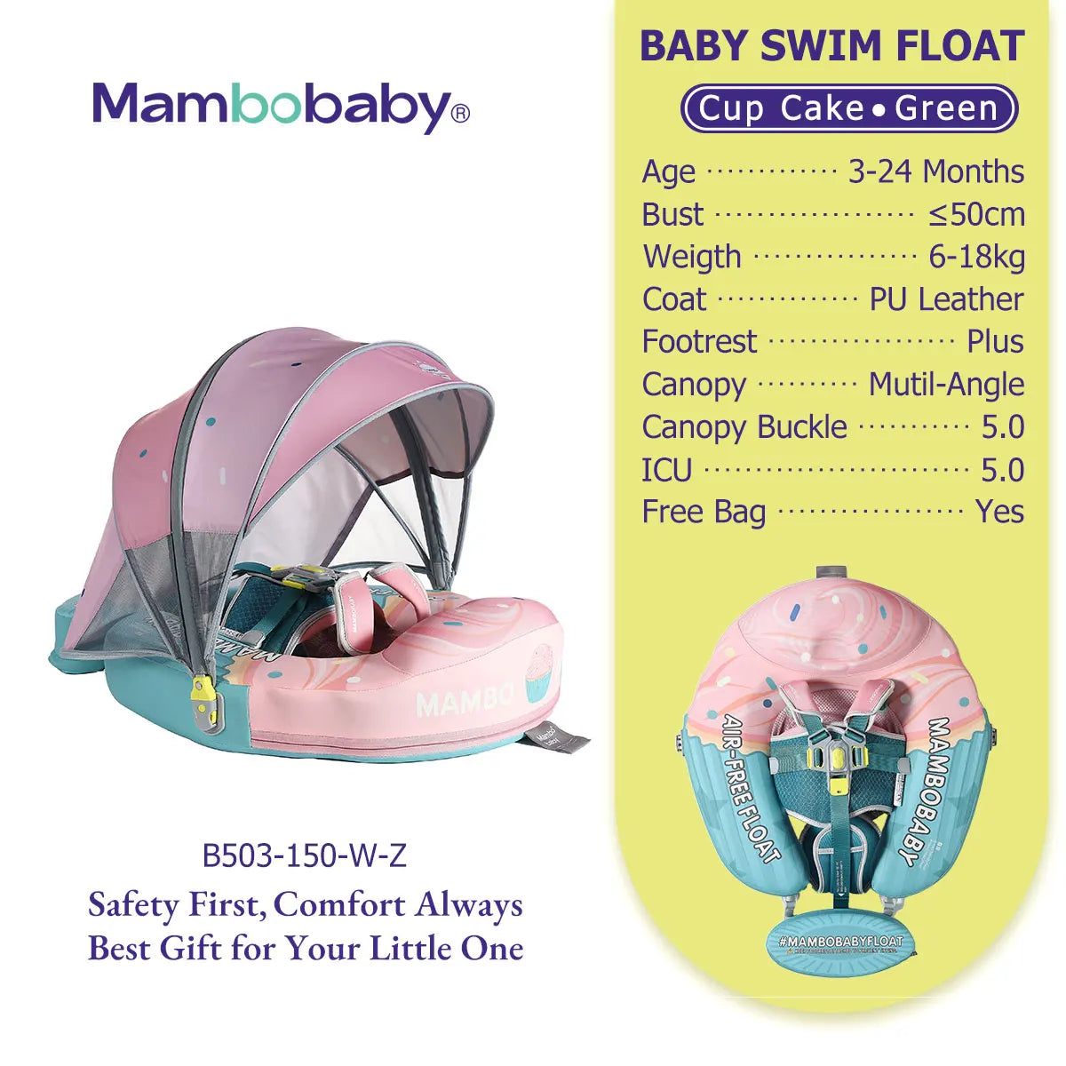 Mambobaby Float No-Slip Safe Harness ST-Cup Cake B503-150-W-Z  Safe Core No Inflation No Leaks Baby Swim Ring Toddler Pool Float