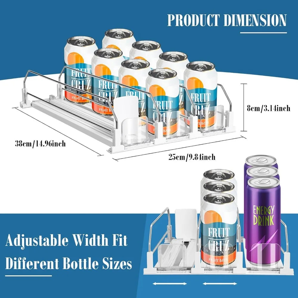 asika drink organizer for fridge, adjustable width soda can dispenser for refrigerator organizers and storage, 3 rows beer bottl