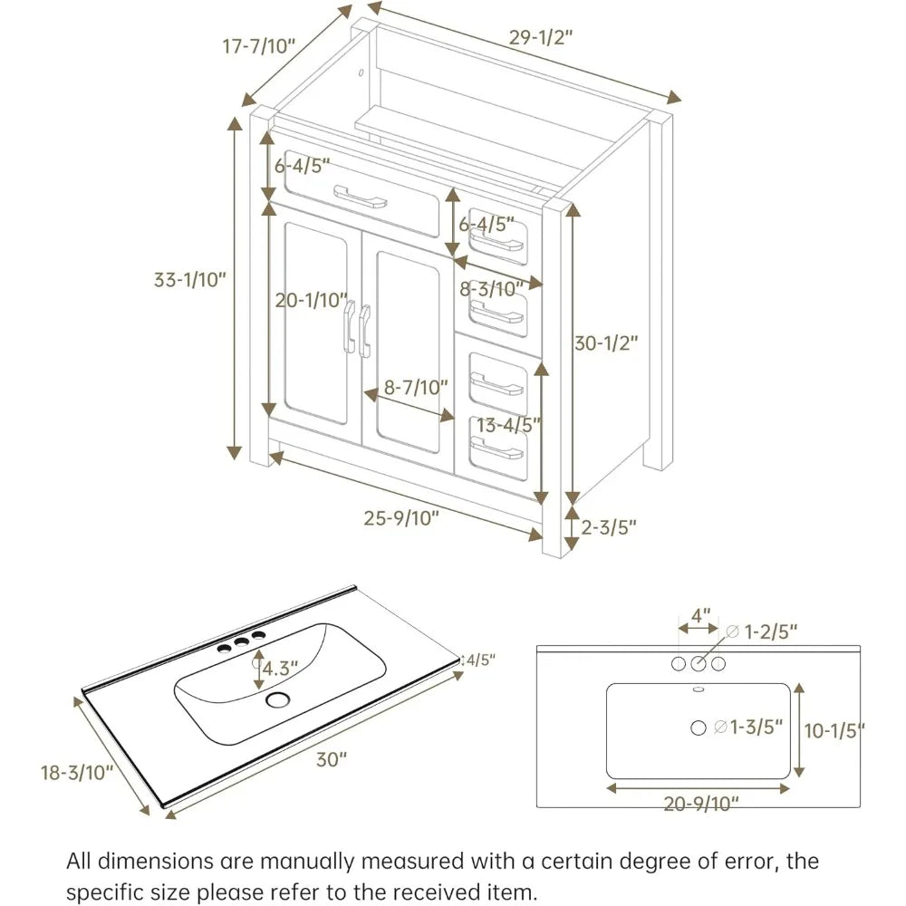 30" Bathroom Vanity with Sink, Single Sink Bathroom Storage Cabinet with 3 Drawers and 2 Doors, Freestanding Vanity